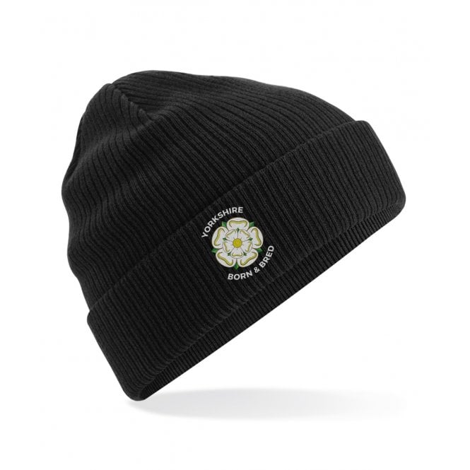 Yorkshire Born & Bred Black Embroidered Organic Cotton Beanie