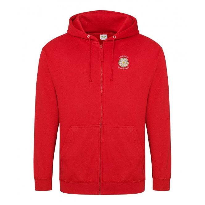 Yorkshire Born & Bred Red Embroidered Left Breast Logo Zip Hooded Sweatshirt